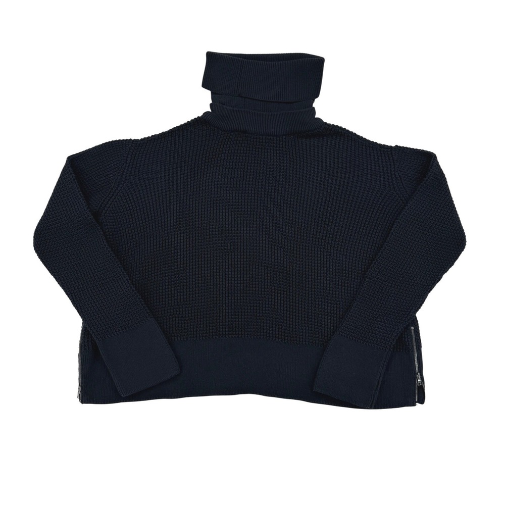 VETTA Waffle Knit Sweater Women L Navy Excellent Removable Collar Cropped Zip